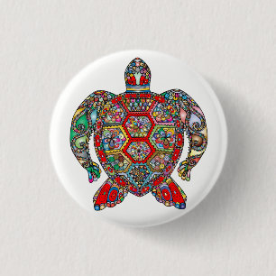 Decorative floral ornamental sea turtle line art button