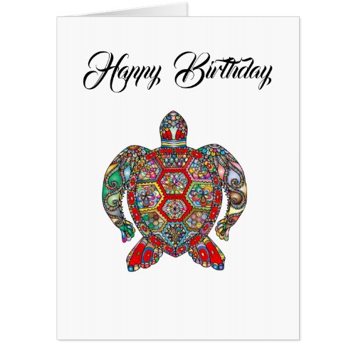 Decorative floral ornamental sea turtle line art card