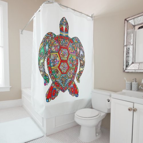 Decorative floral ornamental sea turtle line art shower curtain