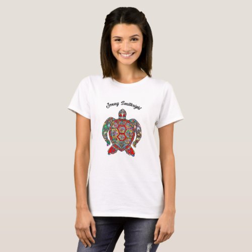 Decorative floral ornamental sea turtle line art T_Shirt