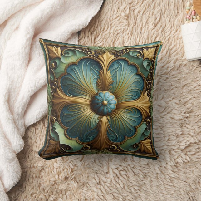 Decorative Floral Panel With Turquoise and Gold Throw Pillow (Blanket)