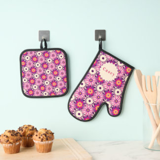 Decorative Floral pattern Pink Purple Astra Modern Oven Mitt & Pot Holder Set