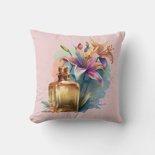 Decorative Floral Perfume Bottle Lilies Dusty Rose Throw Pillow