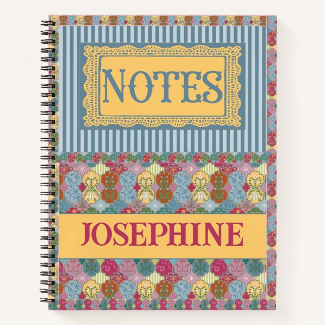 Decorative Floral Ticket Striped Folk Art Notebook (Front)