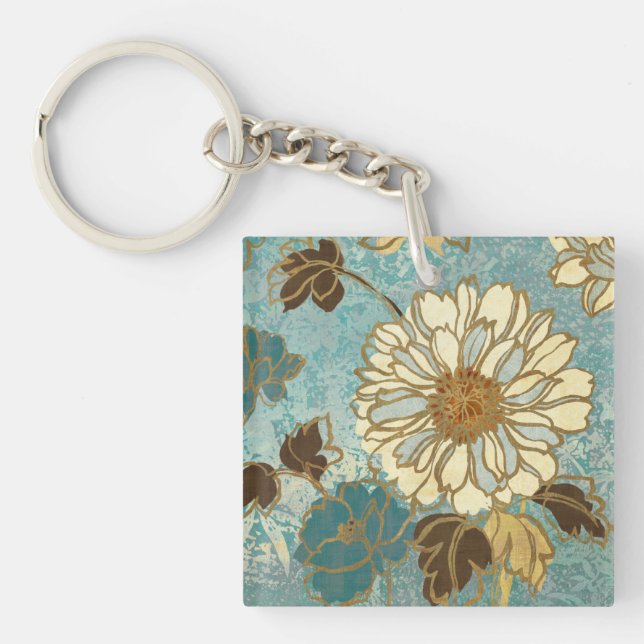 Decorative Florals in Blue and White Keychain (Front)