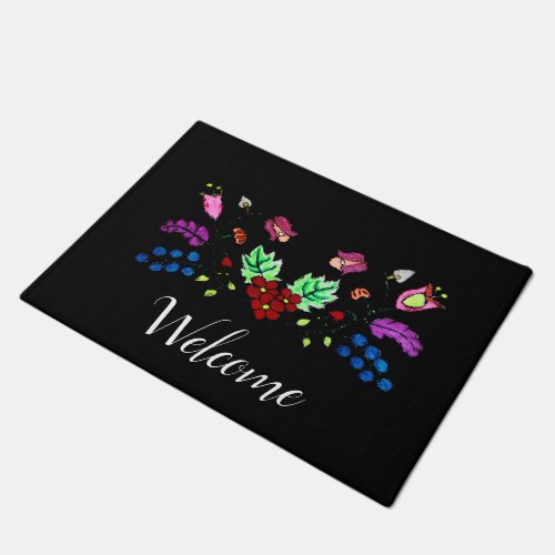 Decorative Flower Design Black Welcome Doormat