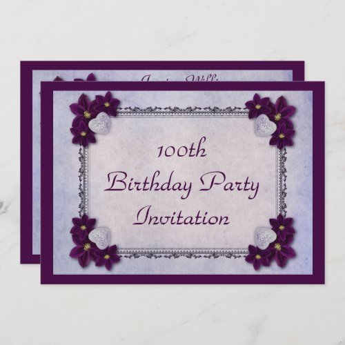 Decorative Flowers  Hearts Frame 100th birthday Invitation