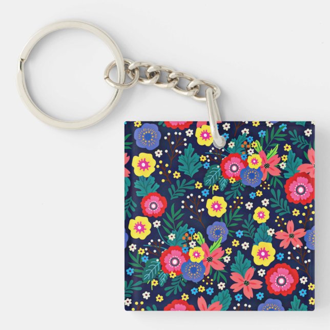 Decorative Flowers Leaves Black Background-63378 Keychain (Front)