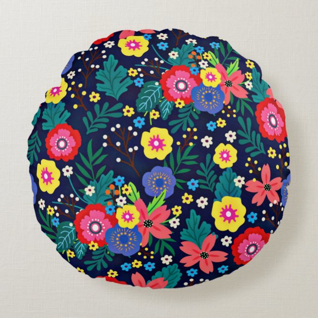 Decorative Flowers Leaves Black Background Round Pillow (Front)