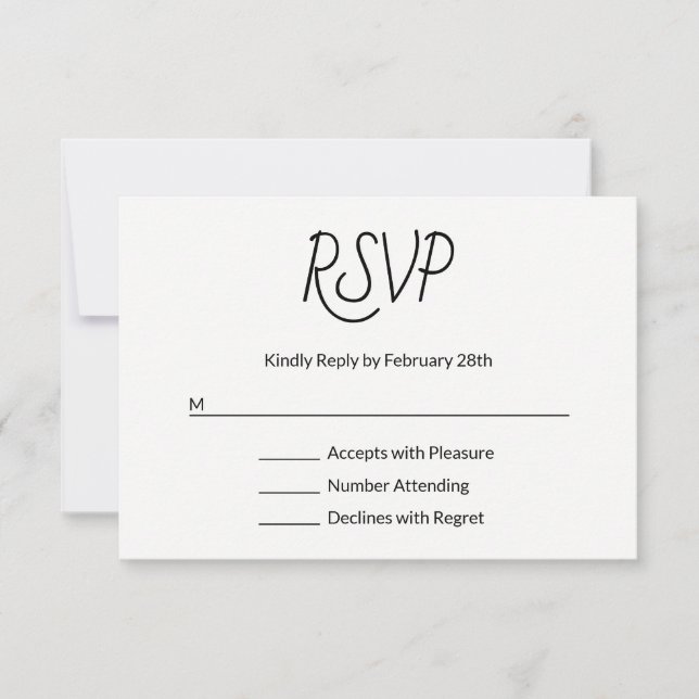 Decorative Font Modern Black and White RSVP Card (Front)