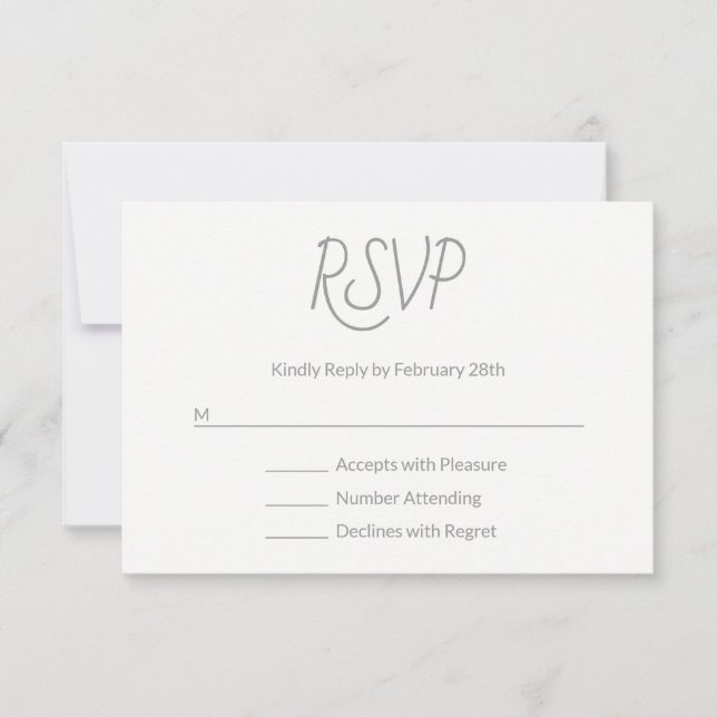 Decorative Font Modern Grey and White RSVP Card (Front)