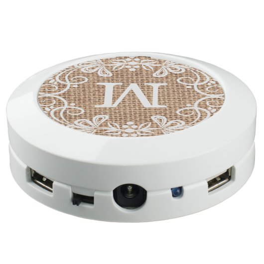 Decorative Frame Burlap Monogram USB Charging Station (Angled Back)