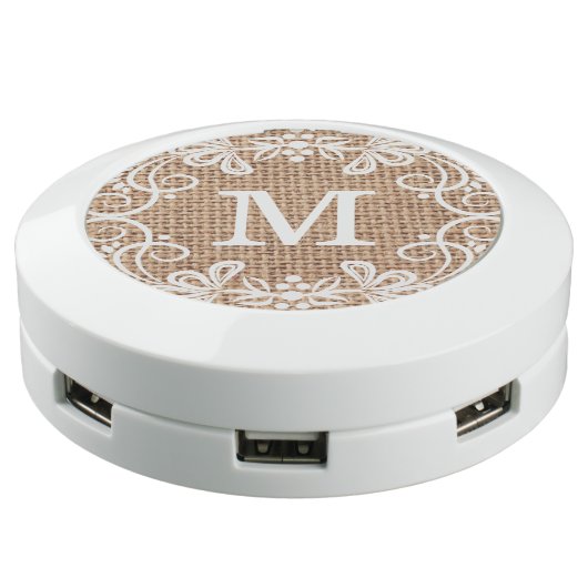 Decorative Frame Burlap Monogram USB Charging Station (Angled)