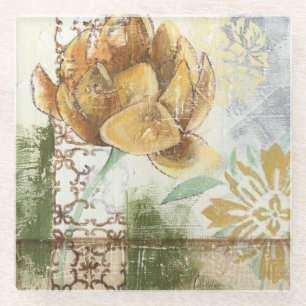 Decorative Fresco Design with Globe Flower Glass Coaster