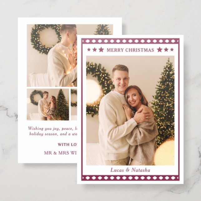 Decorative Geo Frame Stars Merry Christmas Photo Letterpress Photo Cards (Front/Back)
