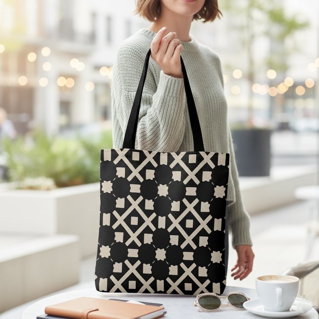 Decorative Geometric Black and Beige Pattern Chic Tote Bag (Creator Uploaded)