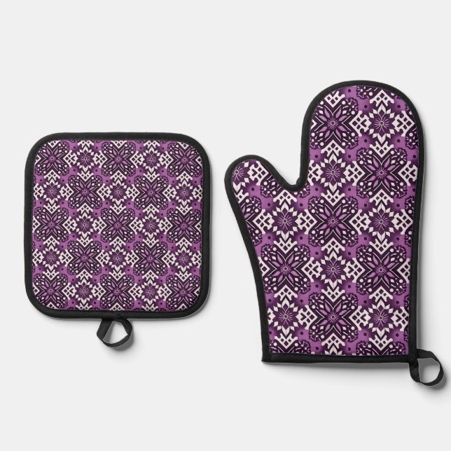 Decorative Geometric Floral Pattern Oven Mitt & Pot Holder Set (Front)