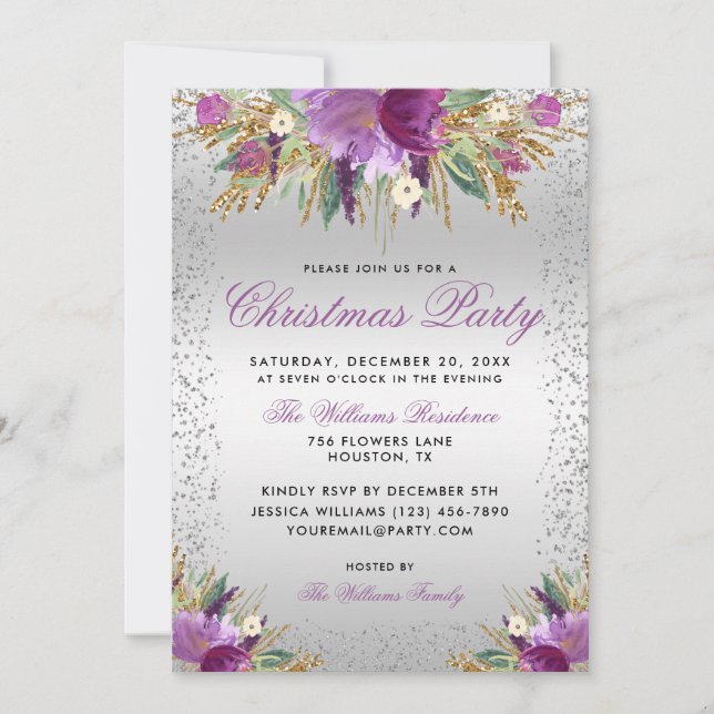 Decorative Glitter Flowers, Silver Christmas Party Invitation (Front)