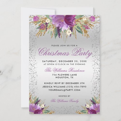 Decorative Glitter Flowers Silver Christmas Party Invitation