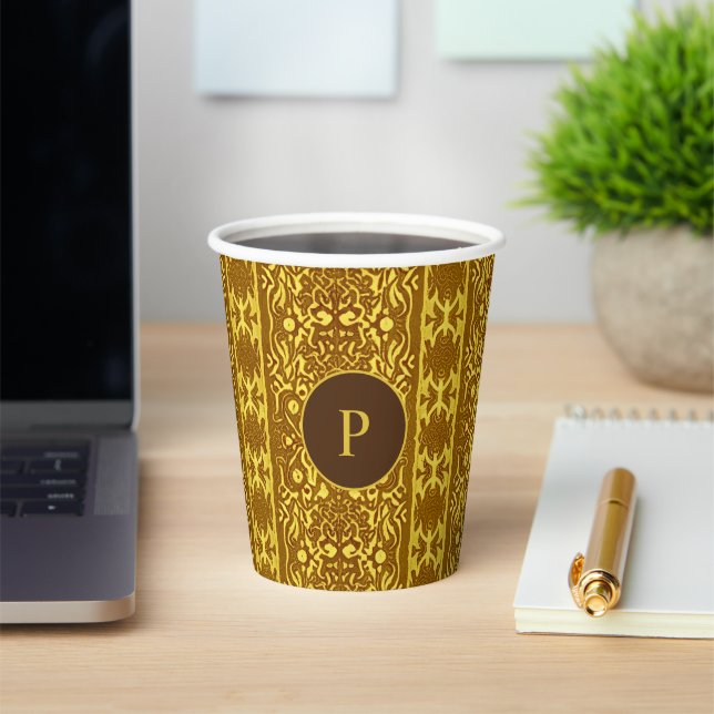 Decorative Gold and Brown Damask Pattern Paper Cups (Insitu)