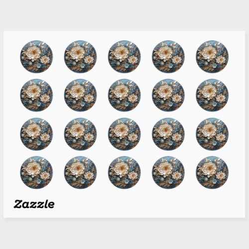Decorative gold and teal blue floral design classic round sticker