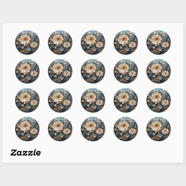 Decorative gold and teal blue floral design classic round sticker (Sheet)