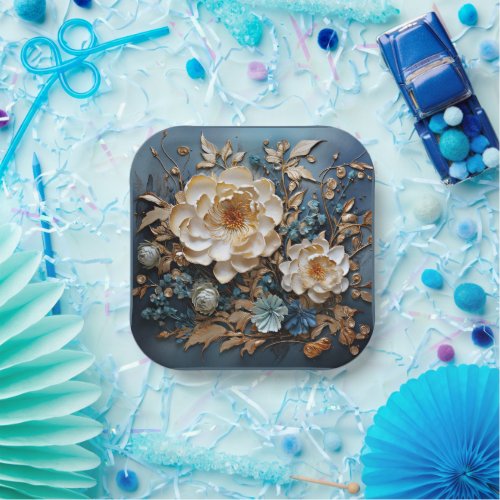 Decorative gold and teal blue floral design paper plates