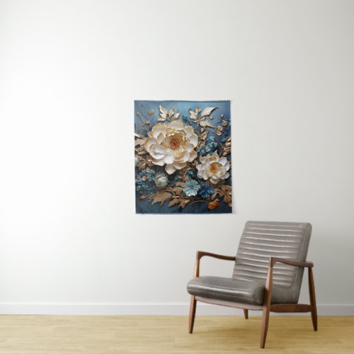 Decorative gold and teal blue floral design tapestry