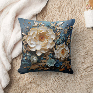 Decorative gold and teal blue floral design throw pillow