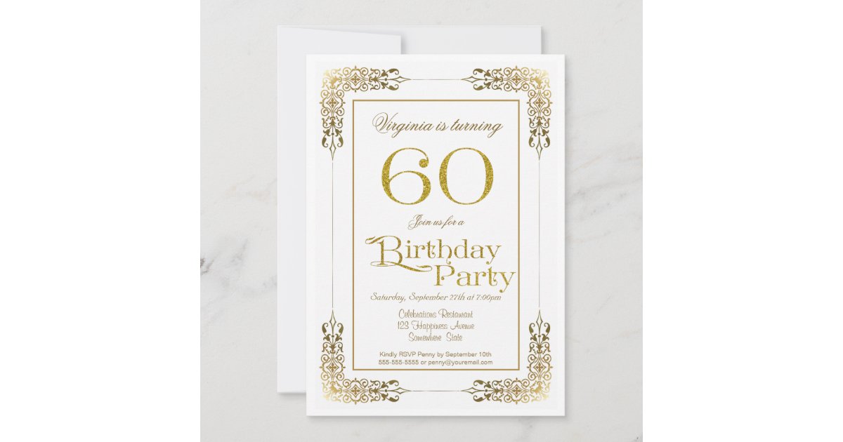 Decorative Gold Border 60th Birthday Party Invitation | Zazzle