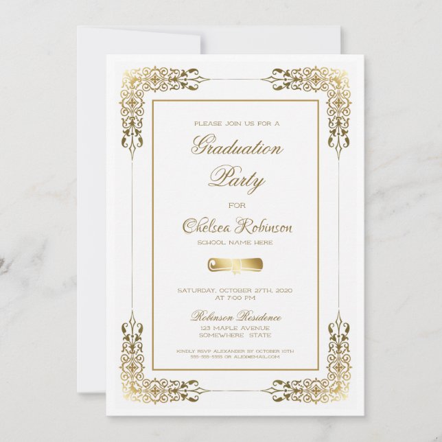 Decorative Gold Border Graduation Party Invitation (Front)