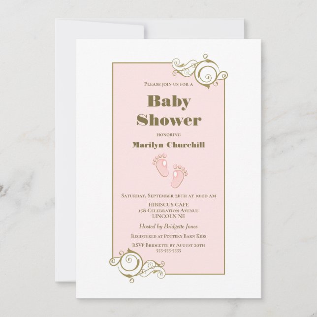 Decorative Gold Border Pink Baby Shower Invitation (Front)