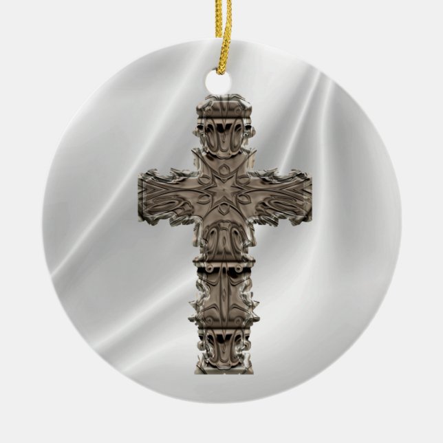 Decorative Gold Cross On White Satin Ornament (Front)