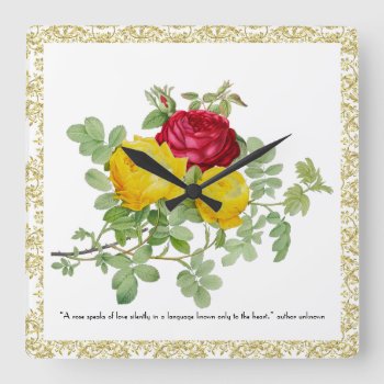Decorative Gold Damask With Vintage Roses  Square Wall Clock by Susang6 at Zazzle