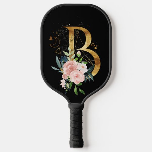 Decorative Gold Monogram B with Pink Bouquet Pickleball Paddle