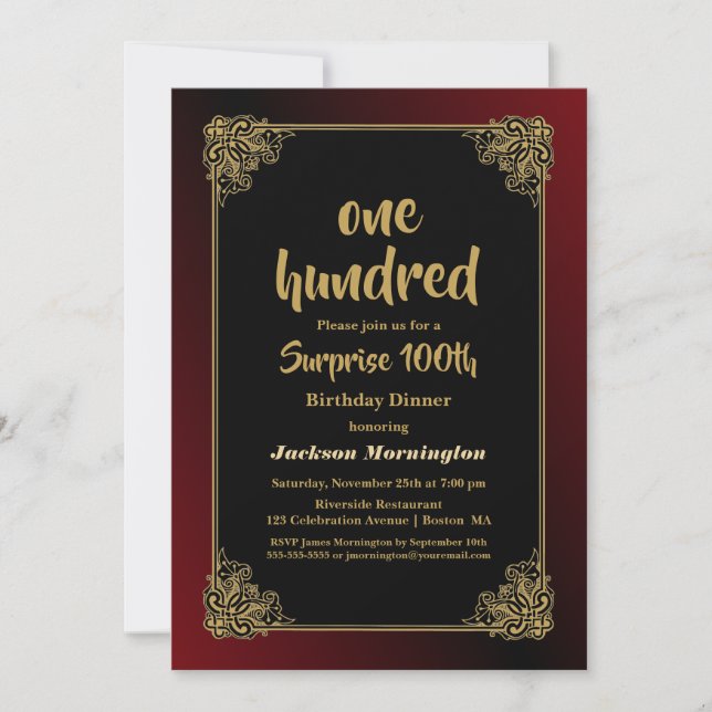 Decorative Gold Red Border Surprise 100th Birthday Invitation (Front)