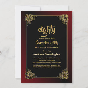 Decorative Gold Red Border Surprise 80th Birthday Invitation