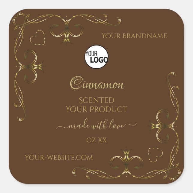 Decorative Gold Scrollwork Corners on Brown Logo Square Sticker (Front)