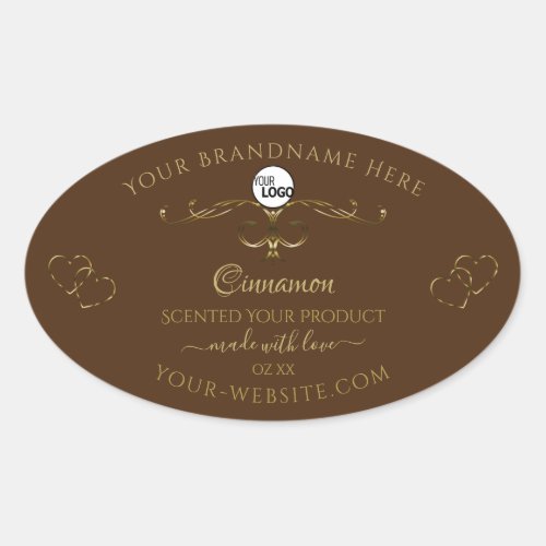 Decorative Gold Scrollwork Hearts on Brown Logo Oval Sticker