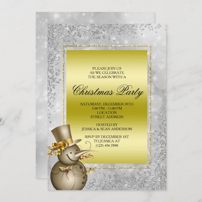 Decorative Gold Snowman & Glitter, Bokeh Christmas Invitation (Front/Back)