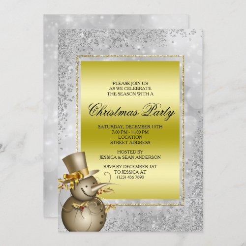 Decorative Gold Snowman  Glitter Bokeh Christmas Invitation