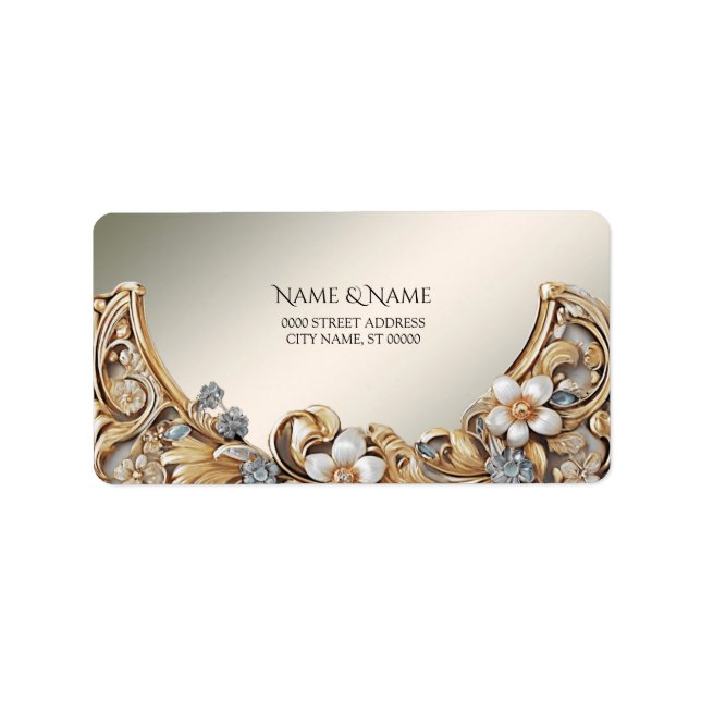 Decorative Gold White Floral Address Label (Front)