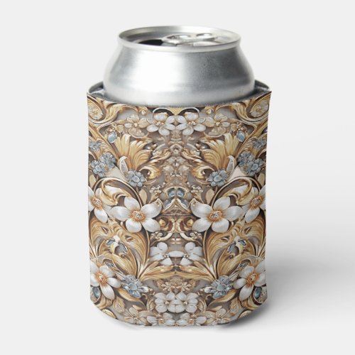 Decorative Gold White Floral Can Cooler