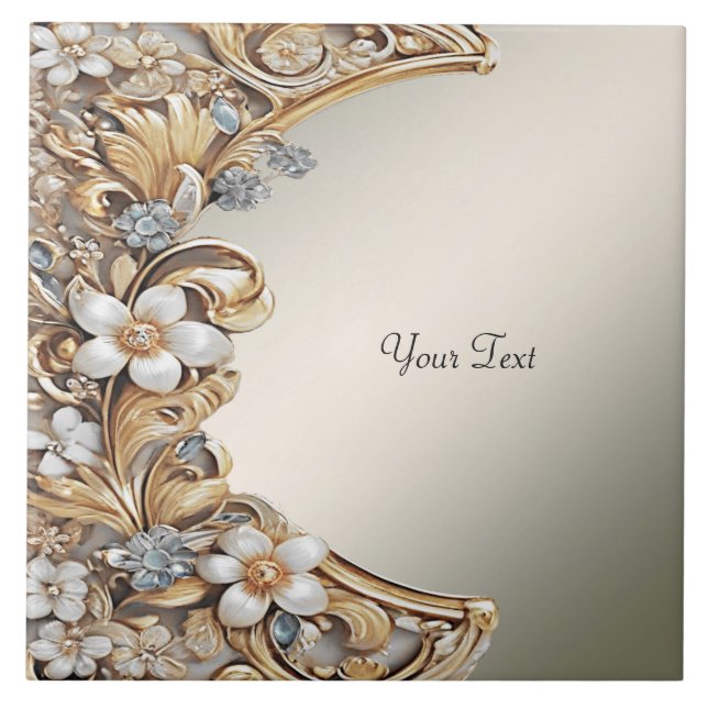 Decorative Gold White Floral Ceramic Tile (Front)