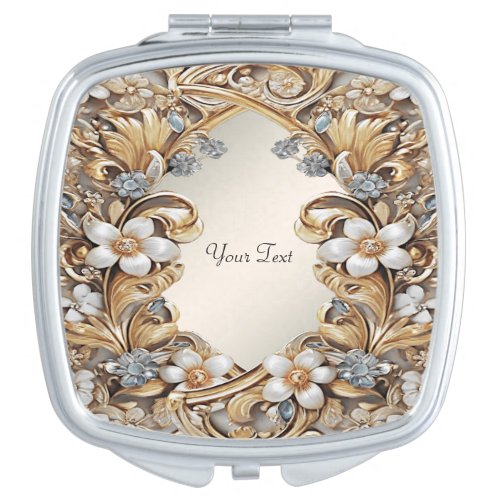 Decorative Gold White Floral Compact Mirror