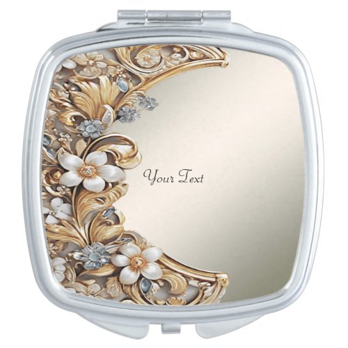 Decorative Gold White Floral Compact Mirror