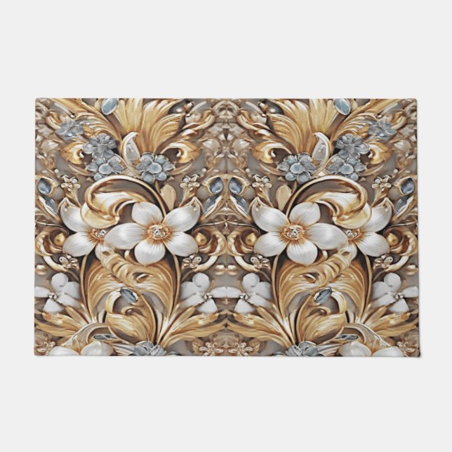 Decorative Gold White Floral Doormat (Front)