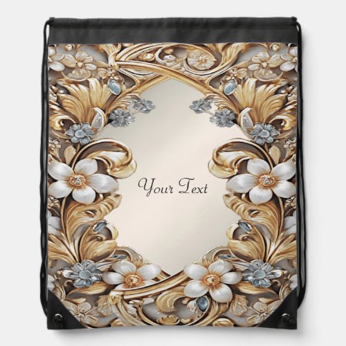 Decorative Gold White Floral Drawstring Backpack