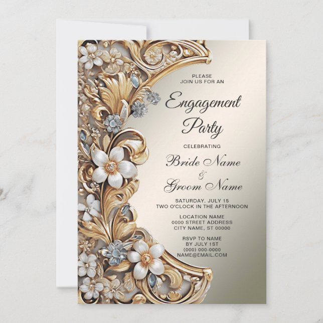 Decorative Gold White Floral Engagement Invitation (Front)