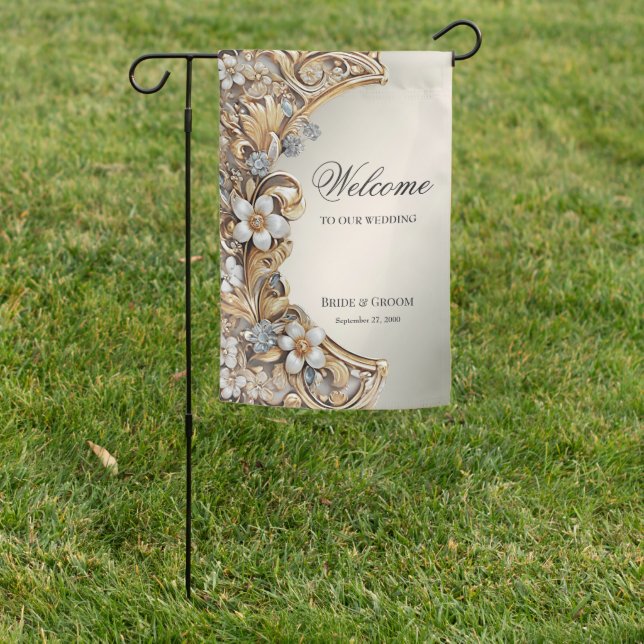 Decorative Gold White Floral Garden Flag (In SItu)